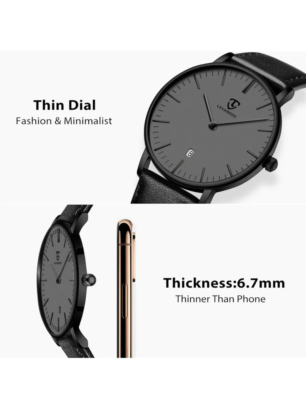 Mens Black Grey Leather Strap Analog Minimalist Fashion Simple Round Wrist Watch